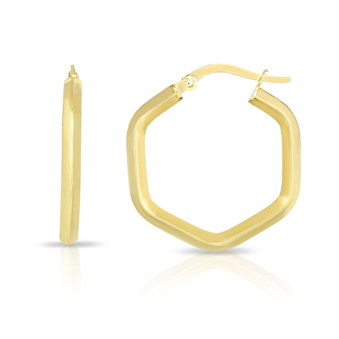 14K Yellow Gold Hexagon Hoop Earring, front view