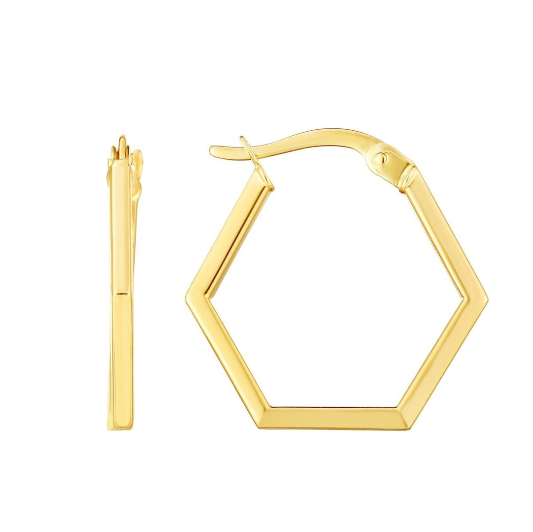 14K Yellow Gold Hexagon Hoop Earrings, front view