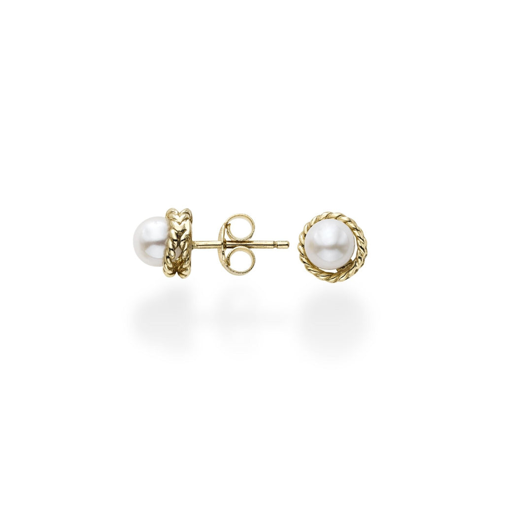 14K Yellow Gold Italian Cable Pearl Stud Earrings, front view