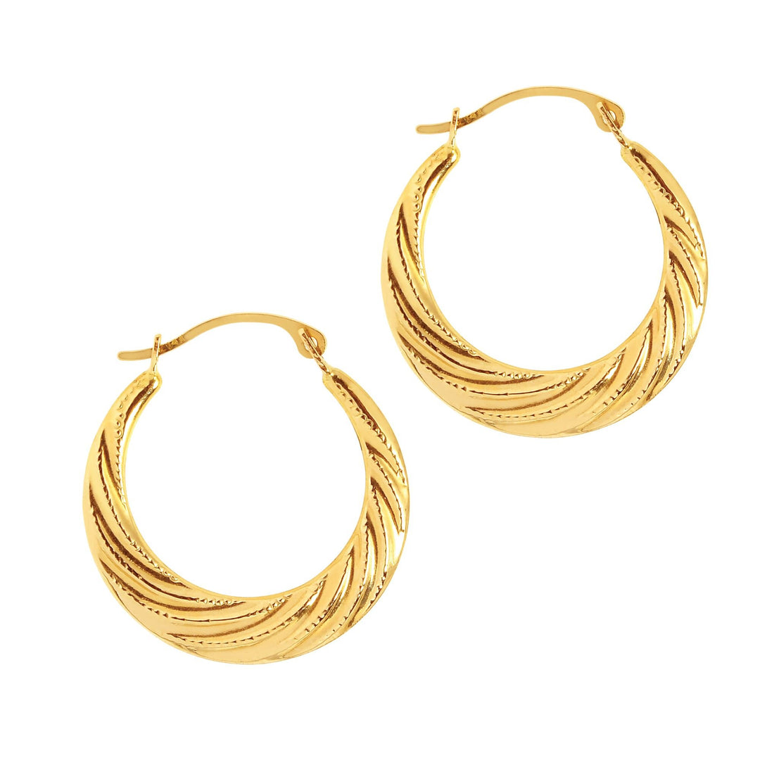 14K Yellow Gold Milgrain Detail Twist Back to Back Hoop Earring, front view
