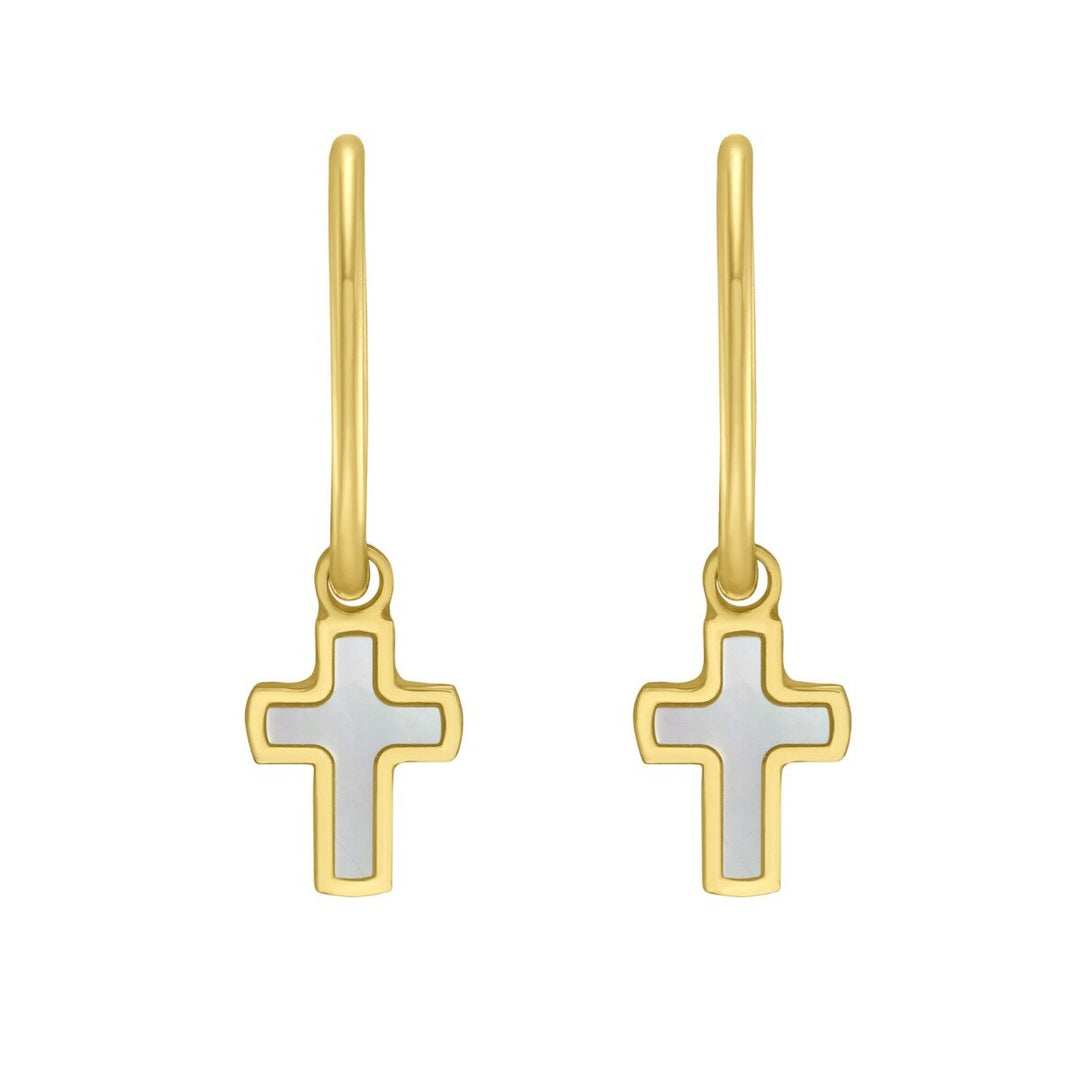 14K Yellow Gold MOP Cross Huggies, front view