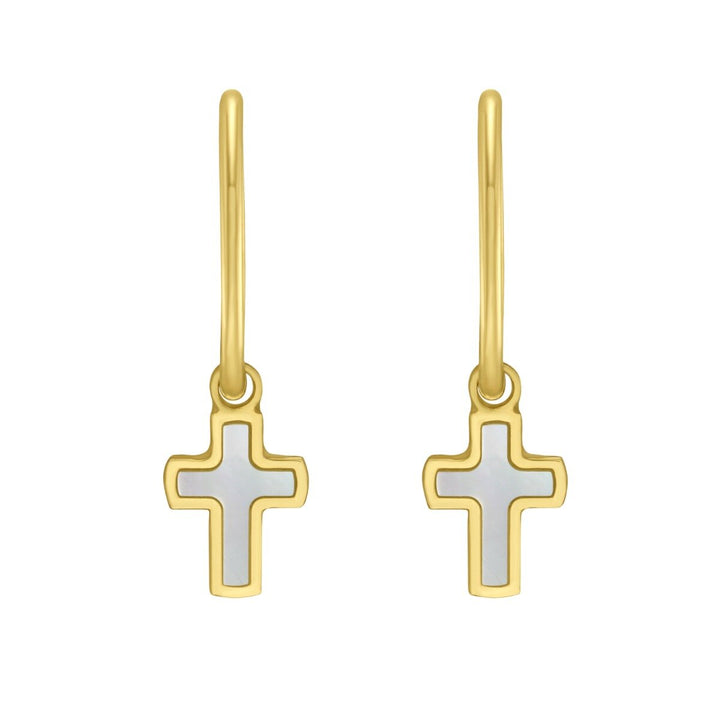 14K Yellow Gold MOP Cross Huggies, front view