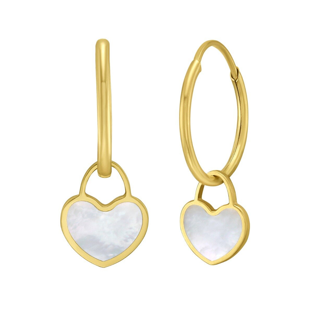 14K Yellow Gold MOP Heart Huggies, front view