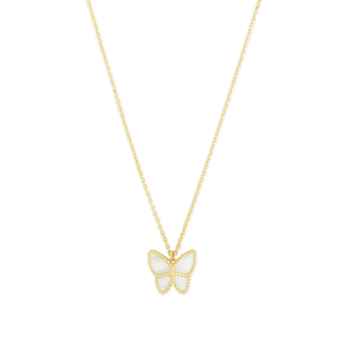 14K Yellow Gold Mother of Pearl Butterfly Necklace, front view