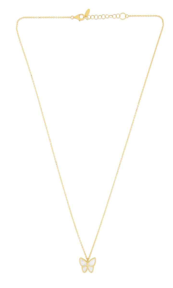 14K Yellow Gold Mother of Pearl Butterfly Necklace, view 2