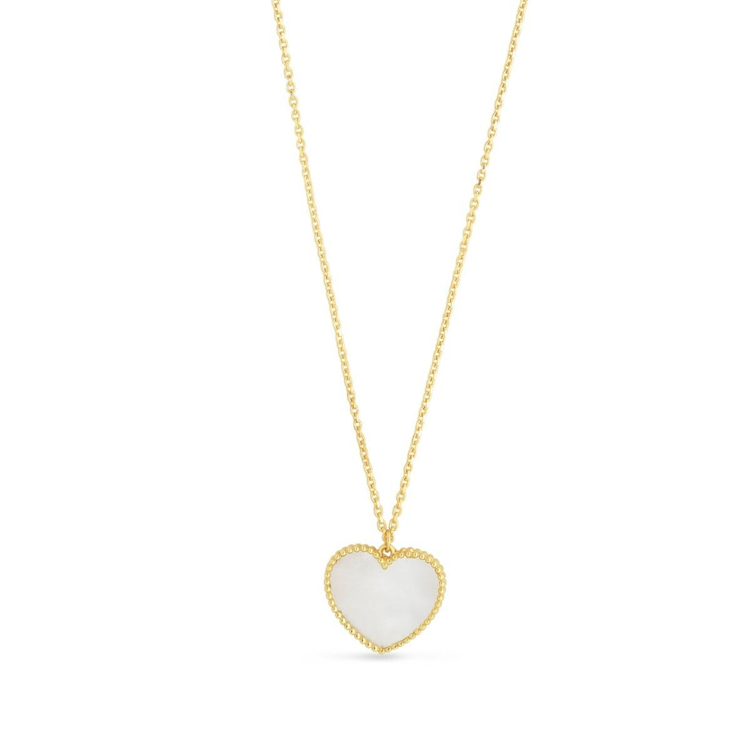 14K Yellow Gold Mother of Pearl Heart Necklace, front view