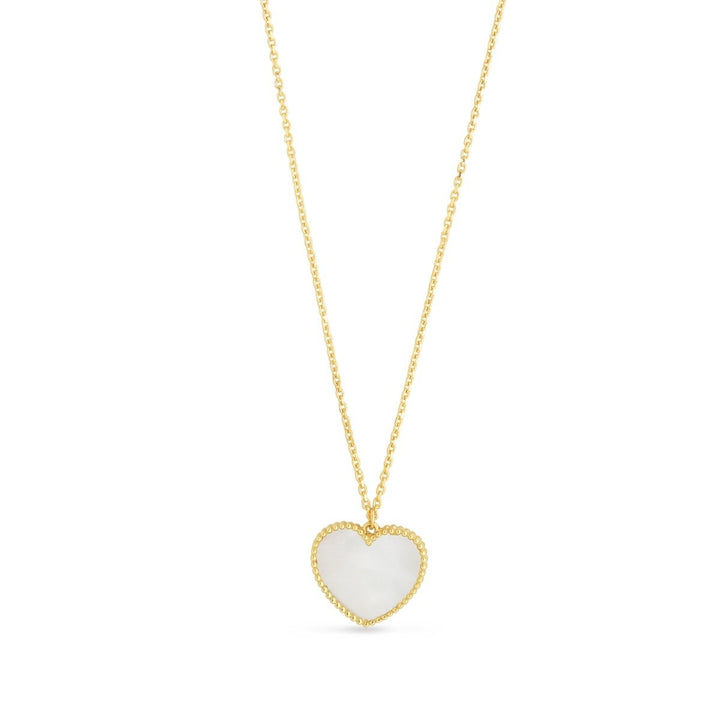 14K Yellow Gold Mother of Pearl Heart Necklace, front view
