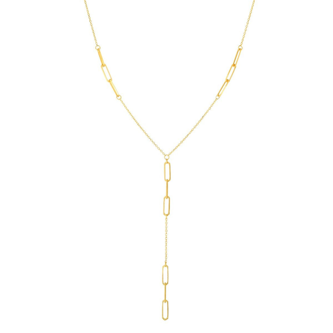 14K Yellow Gold Paperclip Lariat Necklace, front view
