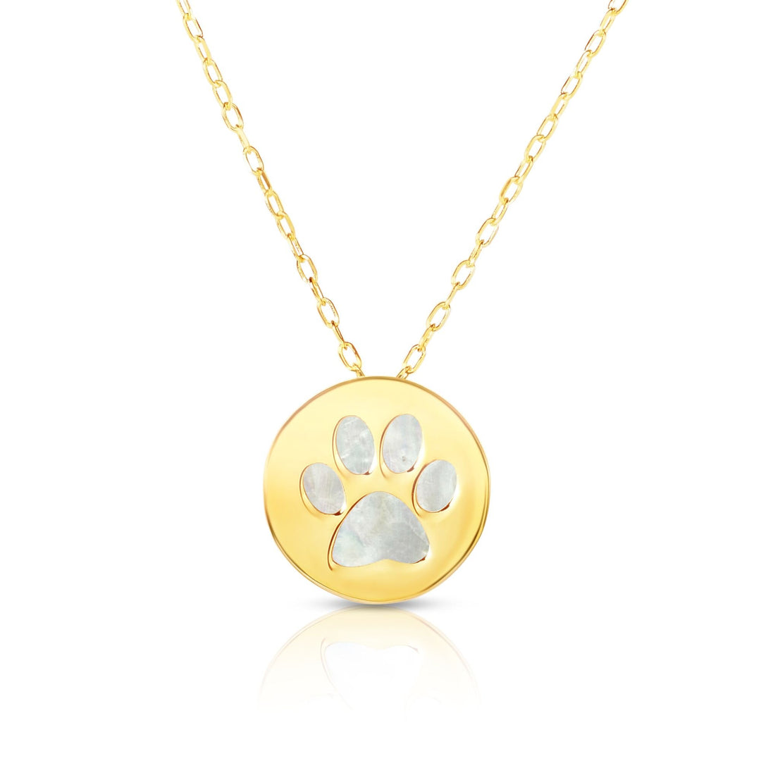 14K Yellow Gold Paw Print Mother of Pearl Necklace, front view