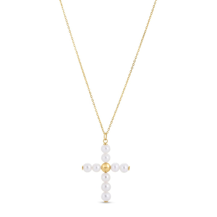 14K Yellow Gold Pearl Cross Pendant, front view