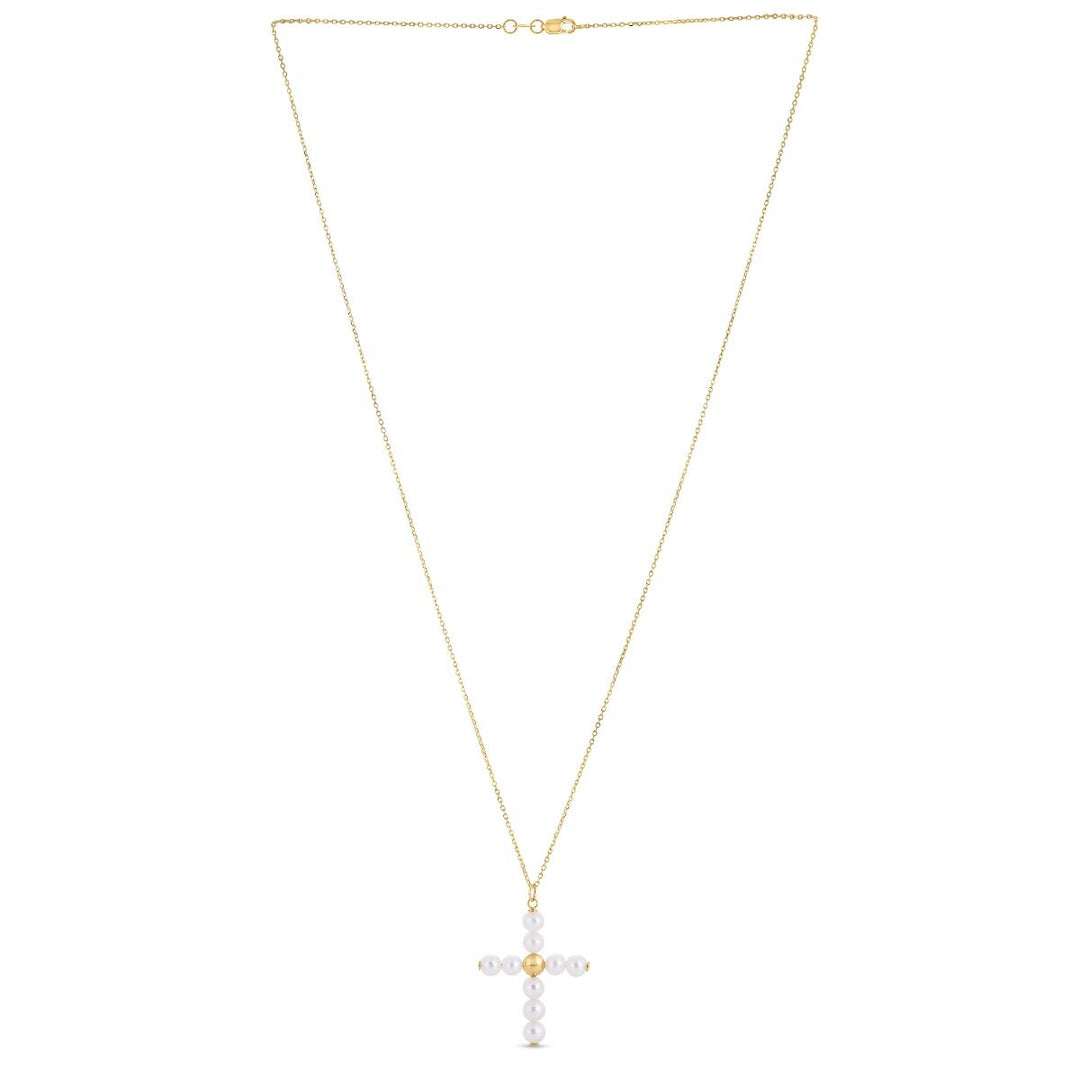 14K Yellow Gold Pearl Cross Pendant, view 3