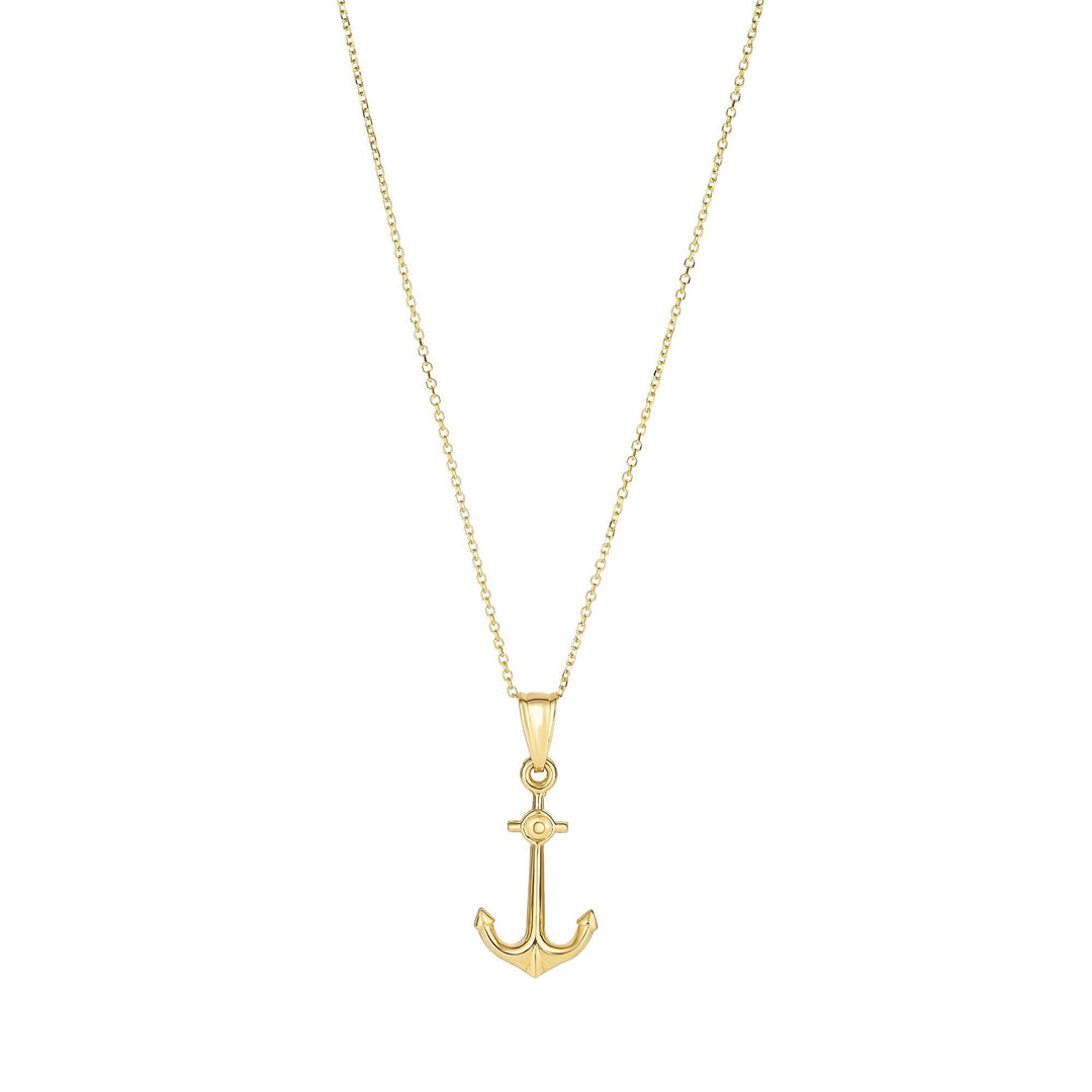 14K Yellow Gold Polished Anchor Necklace, front view