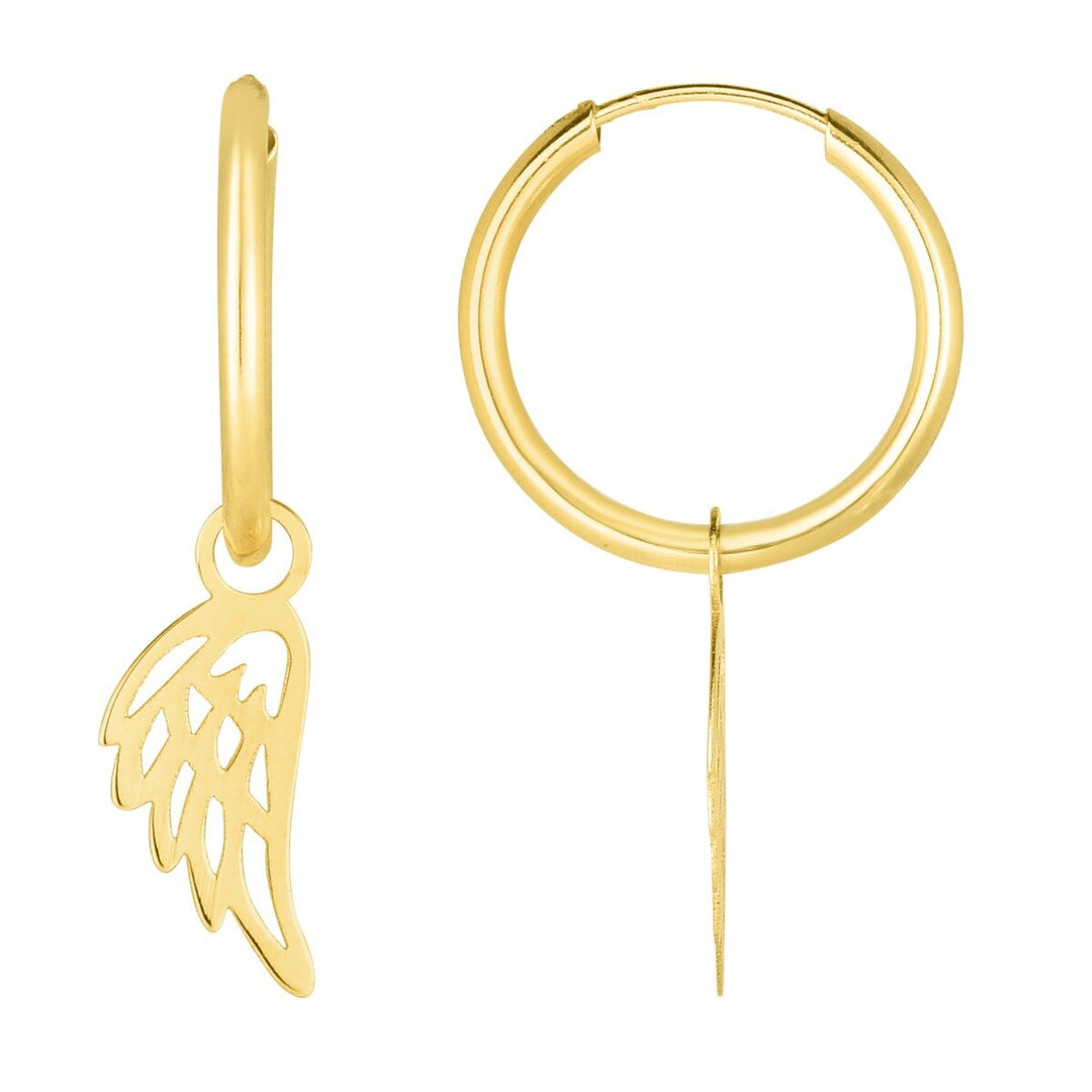 14K Yellow Gold Polished Angel Wing Dangle Hoop, front view