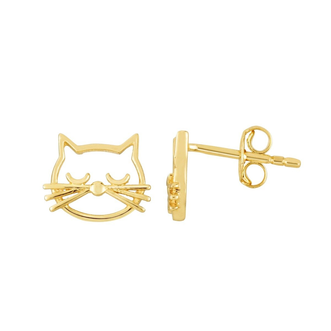 14K Yellow Gold Polished Cat Face Stud Earring, front view