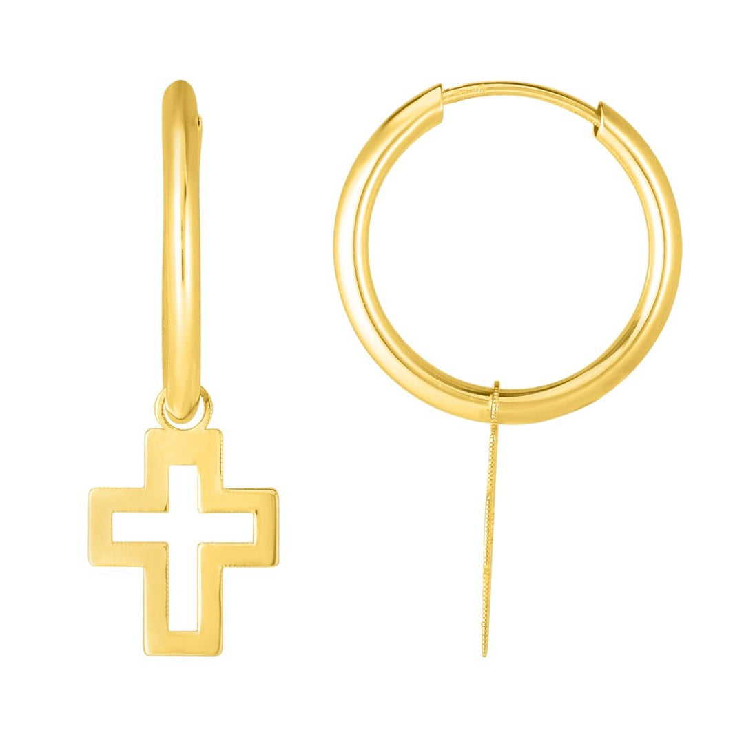 14K Yellow Gold Polished Cross Dangle Hoop, front view