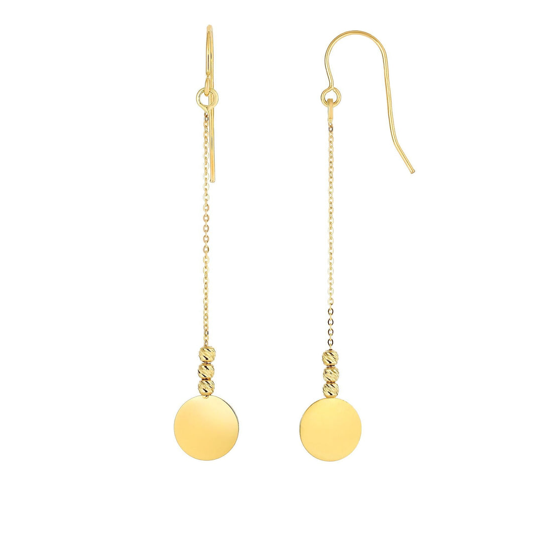 14K Yellow Gold Polished Disc & Bead Drop Earring, front view