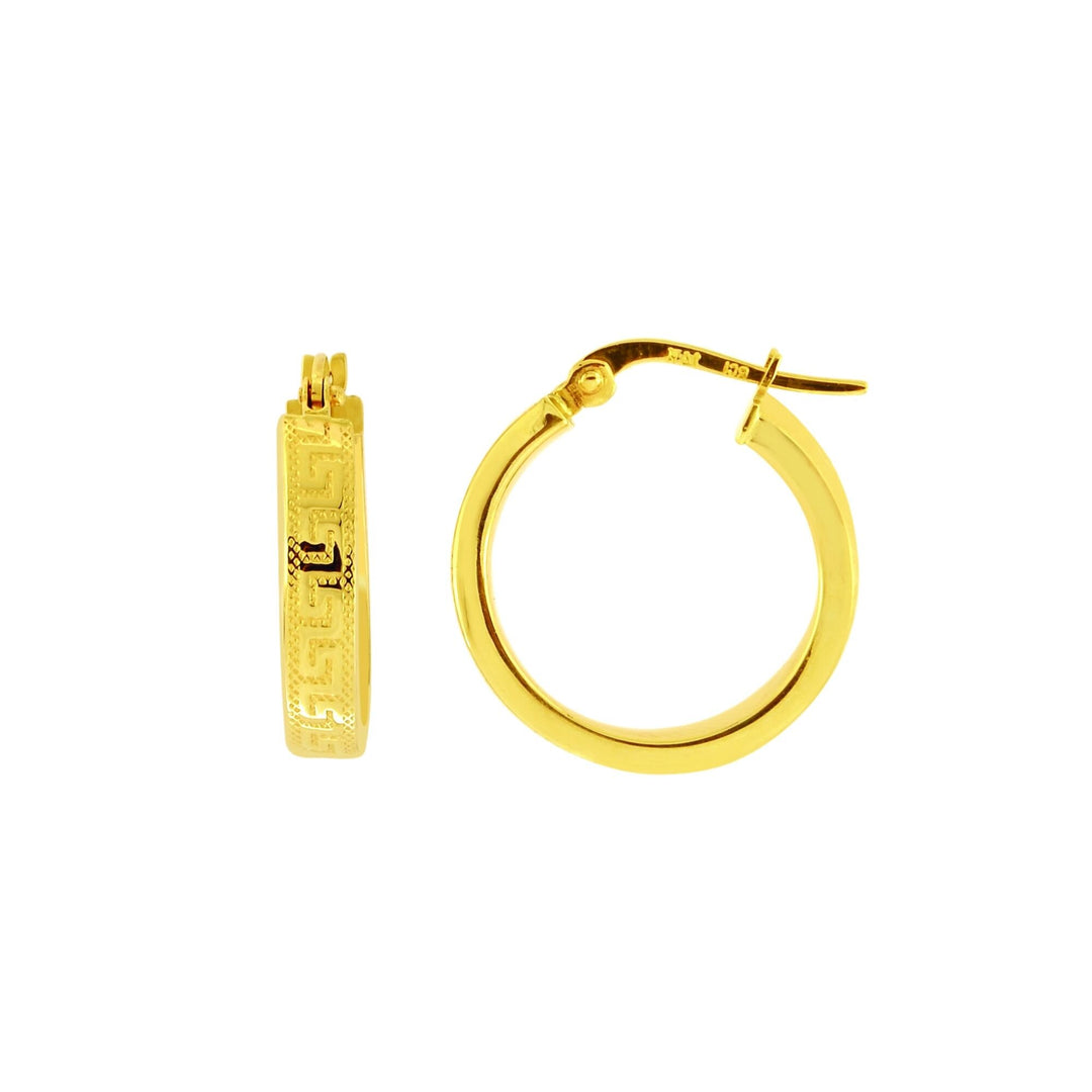 14K Yellow Gold Polished Greek Key Exterior Hoop Earring, front view