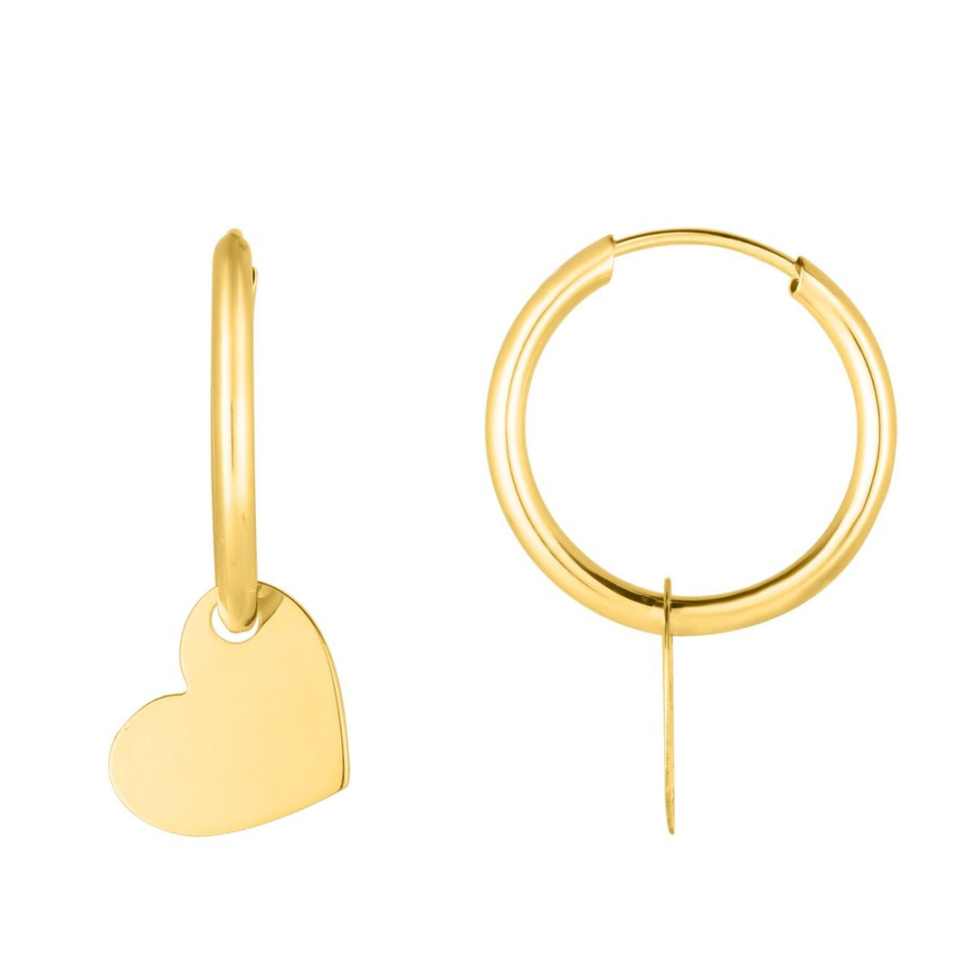 14K Yellow Gold Polished Heart Dangle Hoop, front view