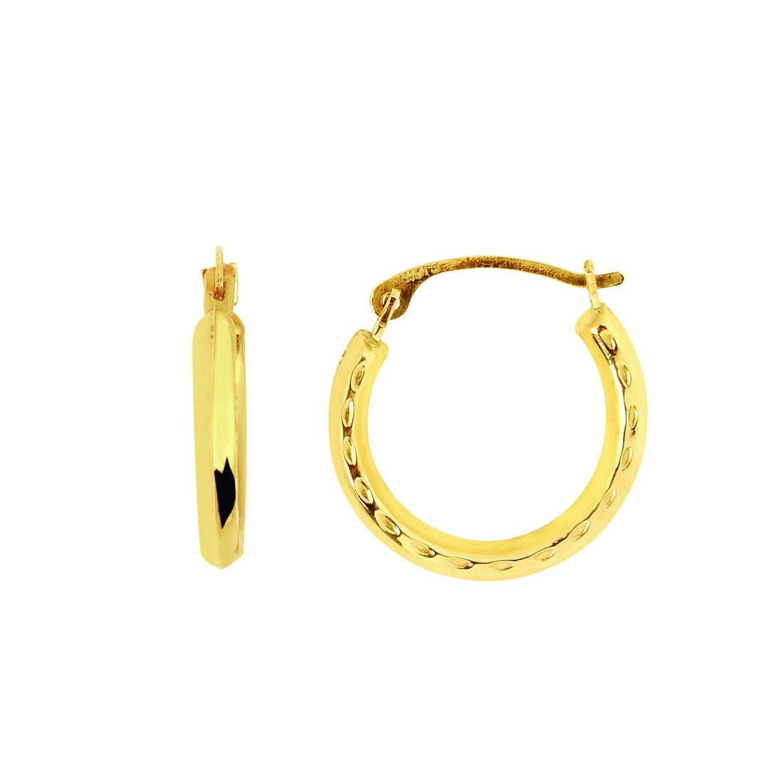 14K Yellow Gold Polished with Diamond Cut Detail Back to Back Hoop Earring, front view