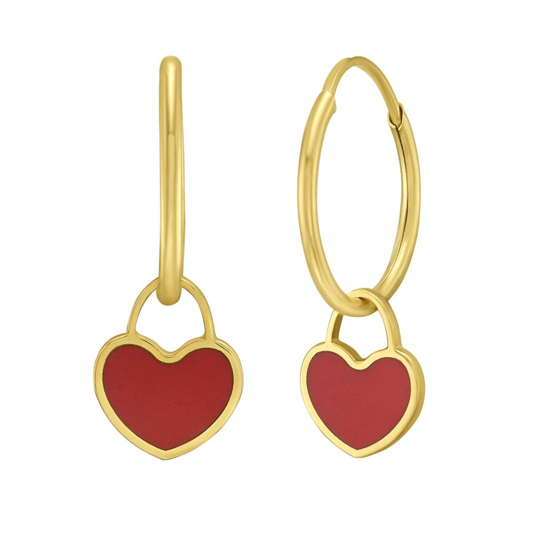 14K Yellow Gold Red Coral Heart Huggies, front view
