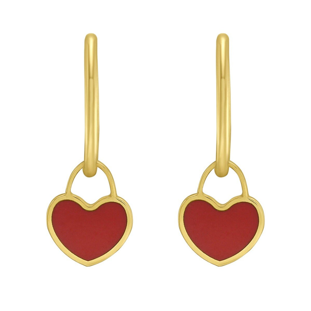 14K Yellow Gold Red Coral Heart Huggies, view 2
