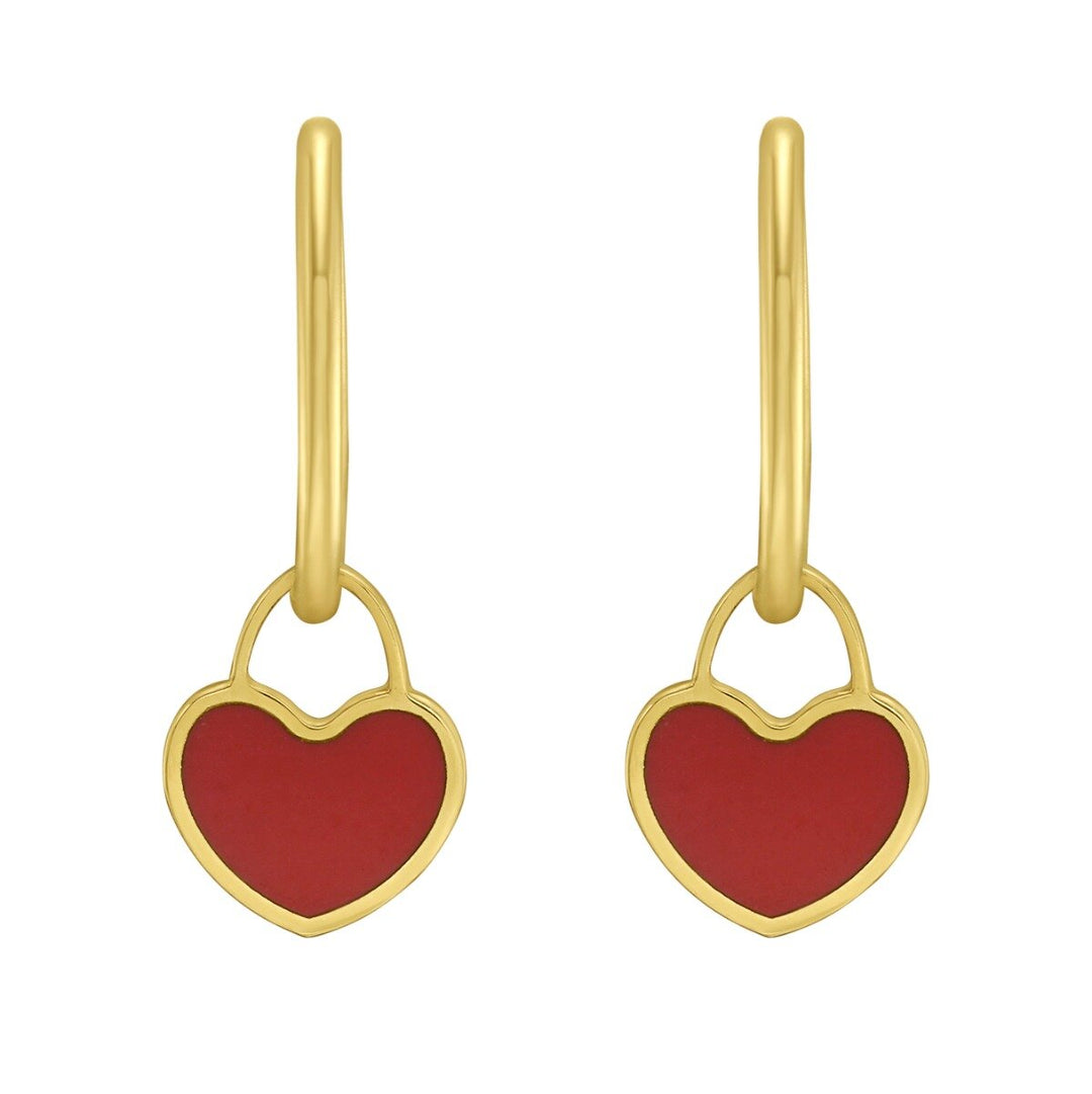 14K Yellow Gold Red Coral Heart Huggies, view 2