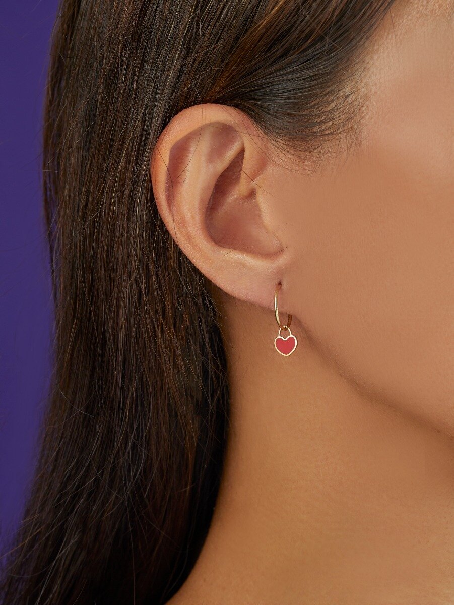 14K Yellow Gold Red Coral Heart Huggies, view 3