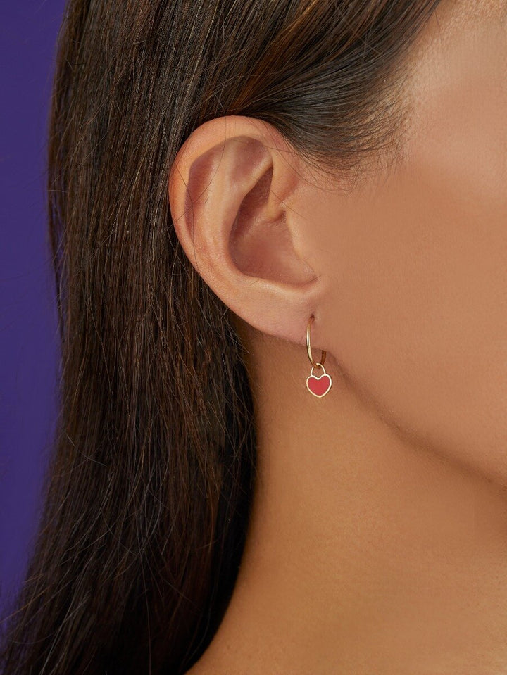 14K Yellow Gold Red Coral Heart Huggies, view 3