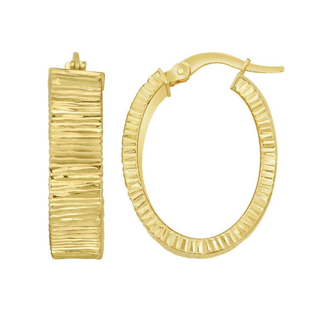 14K Yellow Gold Ribbed Oval Hoops, front view