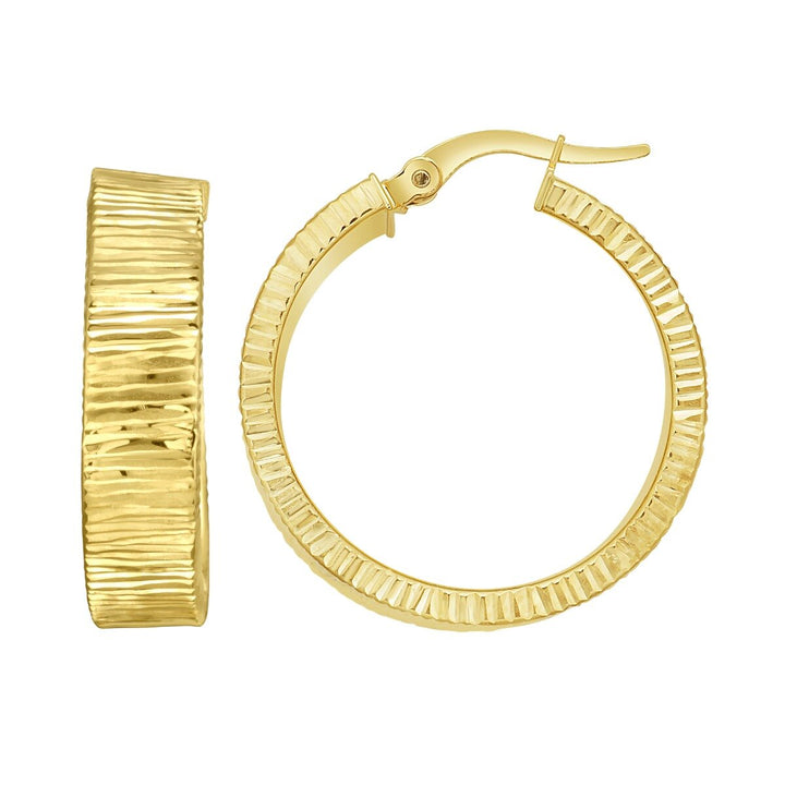 14K Yellow Gold Ribbed Round Hoops, front view