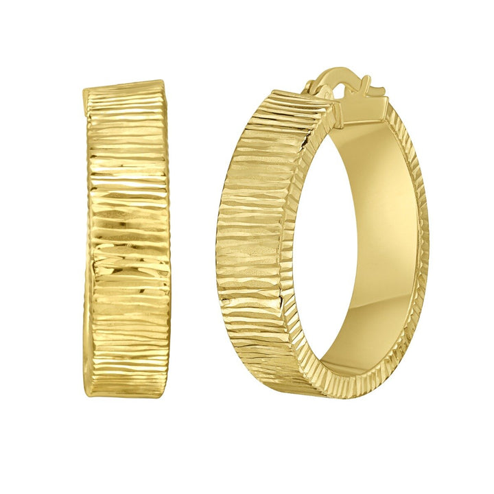 14K Yellow Gold Ribbed Round Hoops, view 2