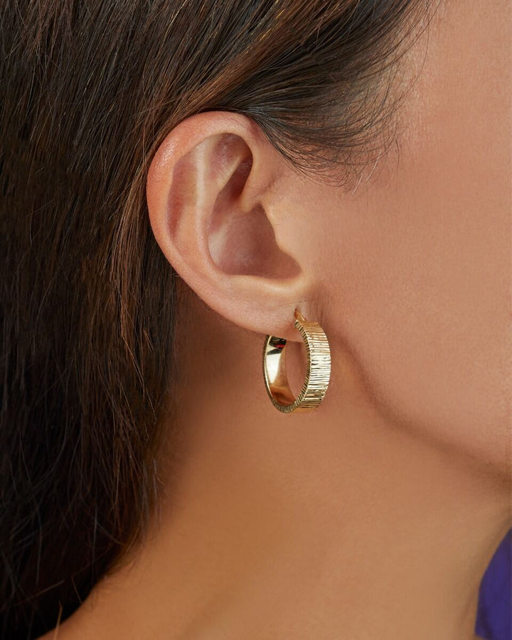 14K Yellow Gold Ribbed Round Hoops, view 3
