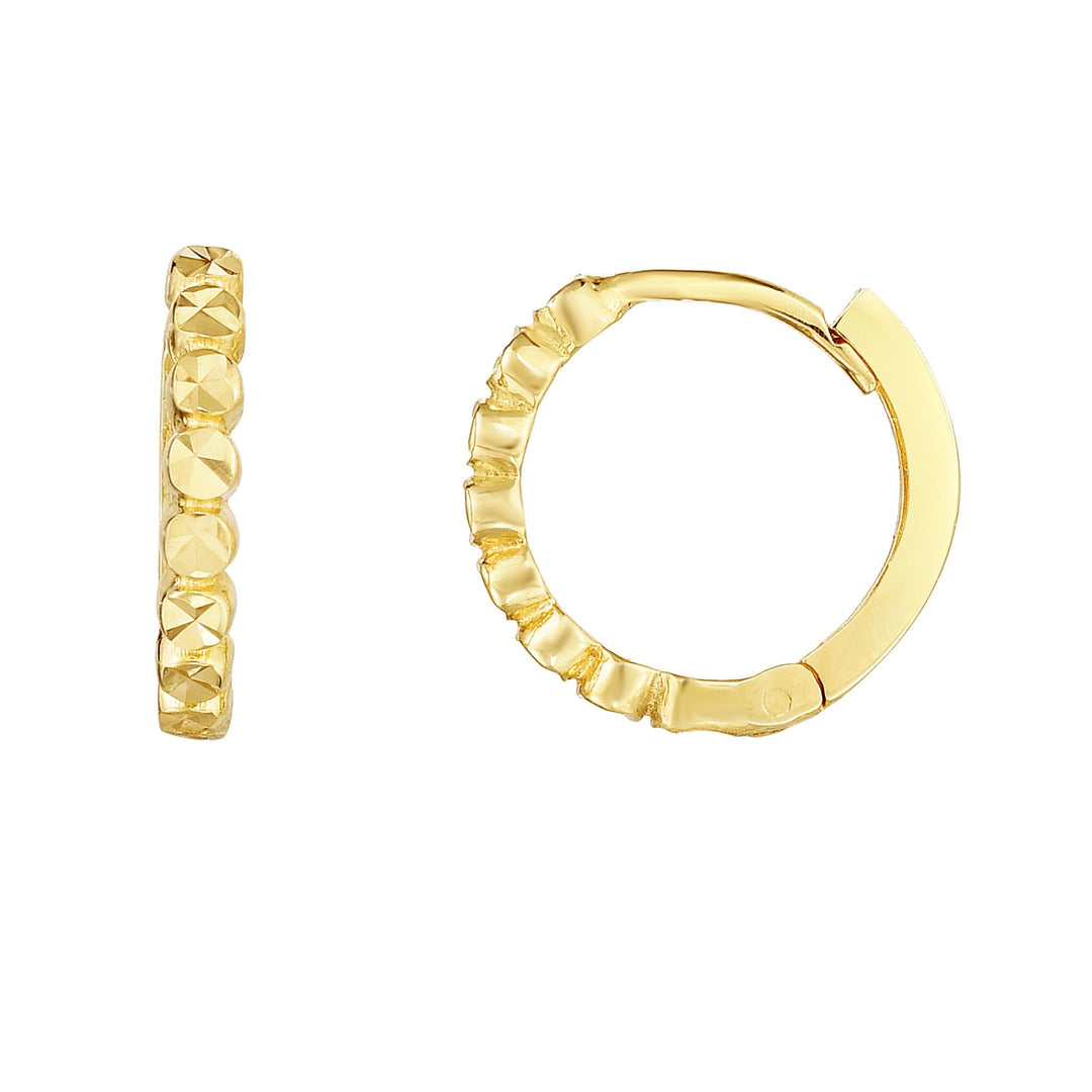 14K Yellow Gold Round Diamond Cut Huggie Earring, front view