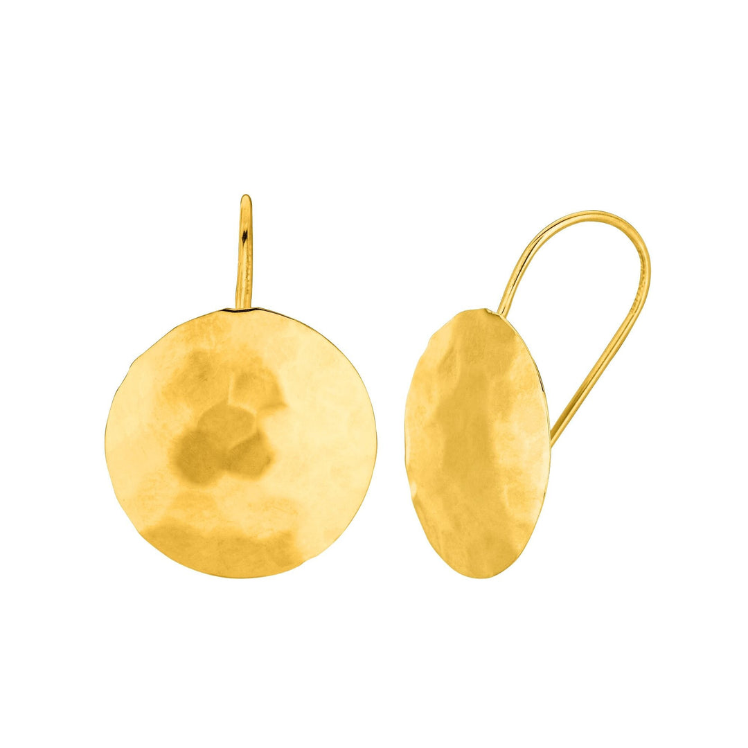 14K Yellow Gold Round Hammered Drop Earring, front view