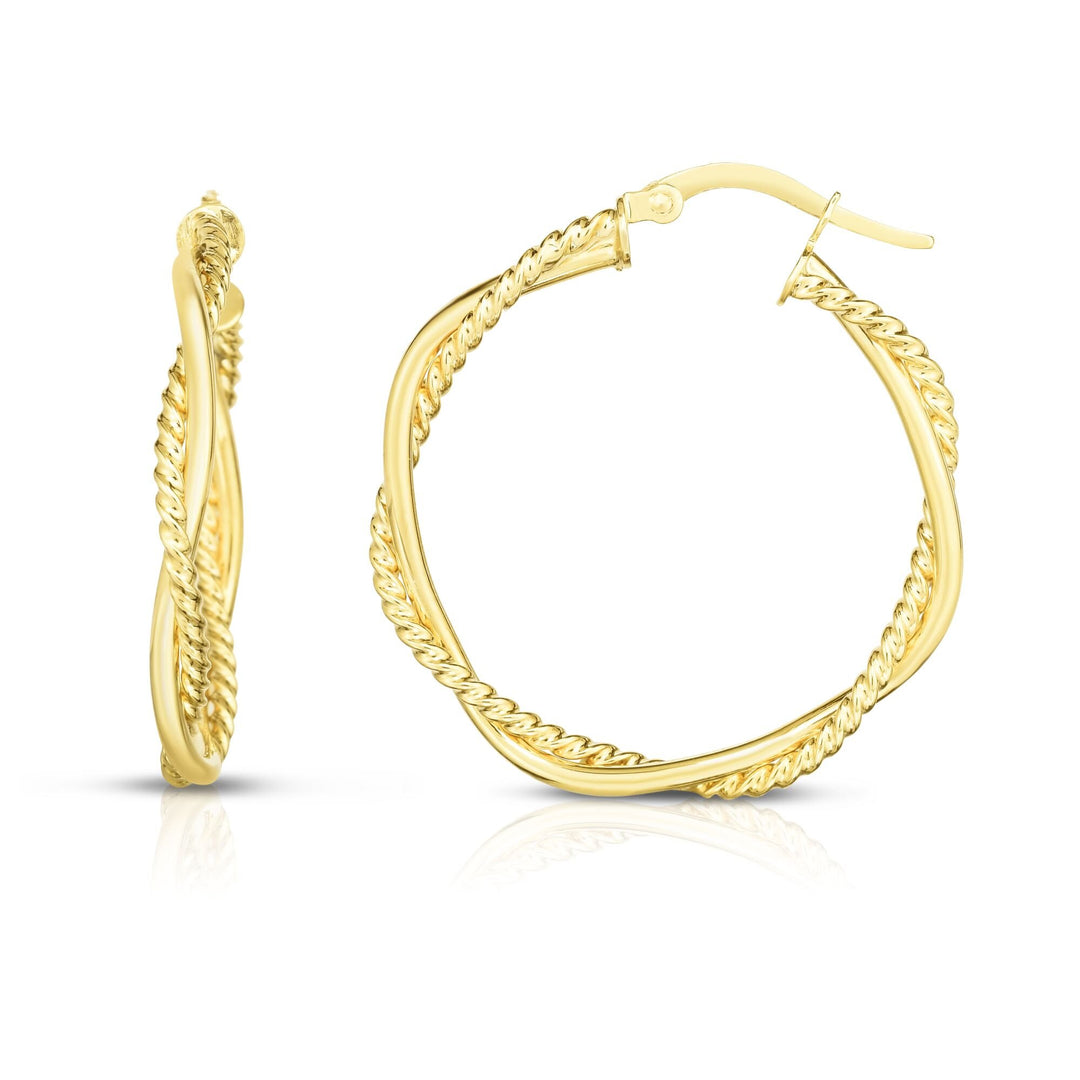 14K Yellow Gold Round Twist & Polished Hoop Earring, front view