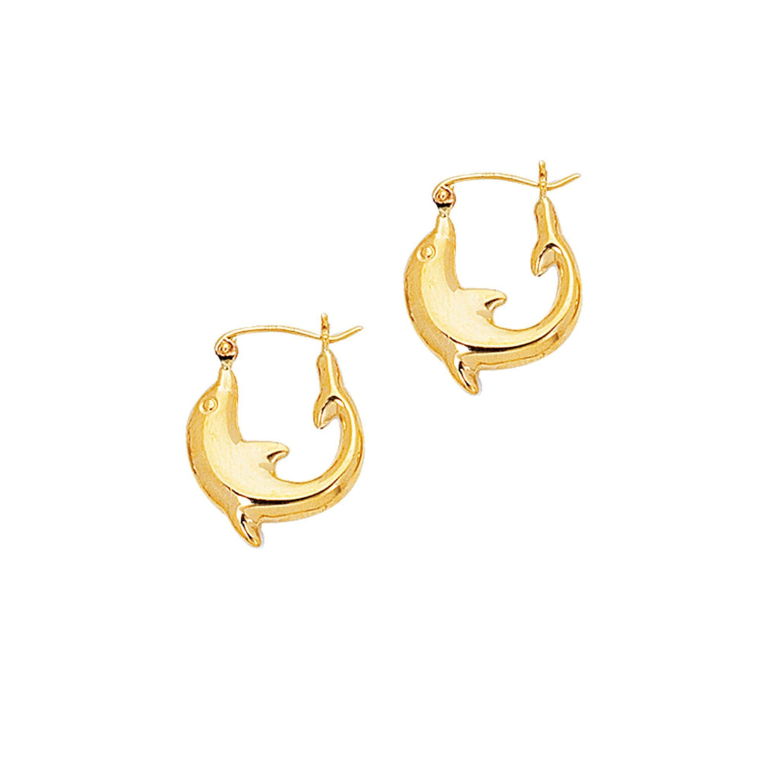 14K Yellow Gold Small Dolphin Back to Back Hoop Earring, front view
