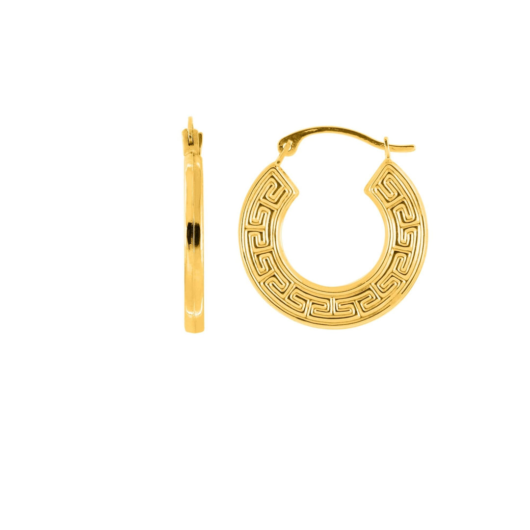 14K Yellow Gold Small Greek Key Hoop Earring, front view