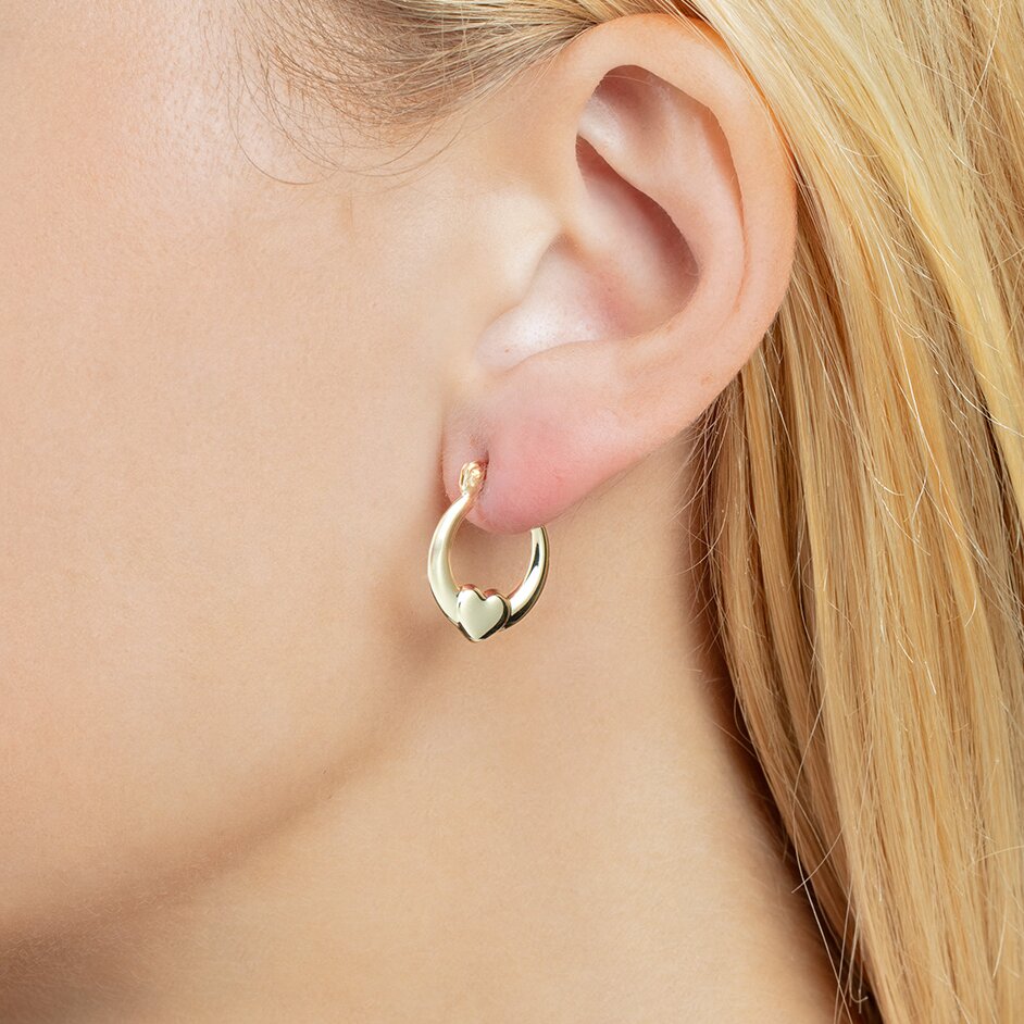 14K Yellow Gold Small Heart Hoops, view 2