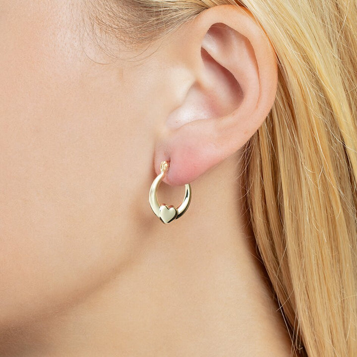14K Yellow Gold Small Heart Hoops, view 2