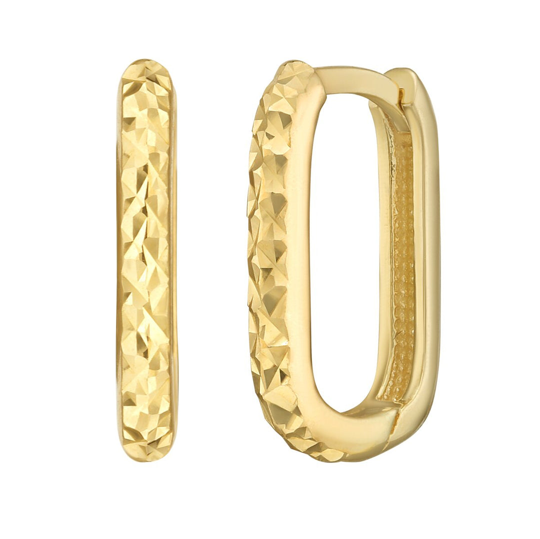 14K Yellow Gold Textured Rectangular Huggie Earrings, front view