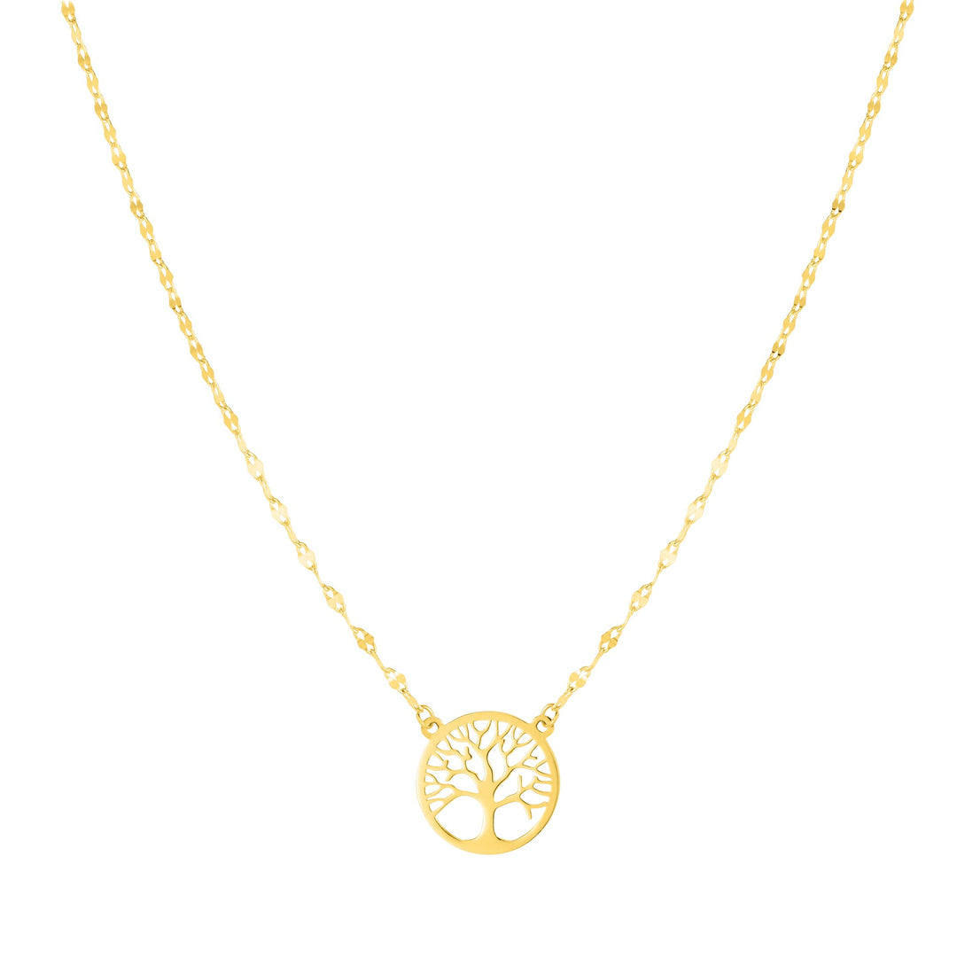 14K Yellow Gold Tree of Life on Mirror Chain Necklace, front view