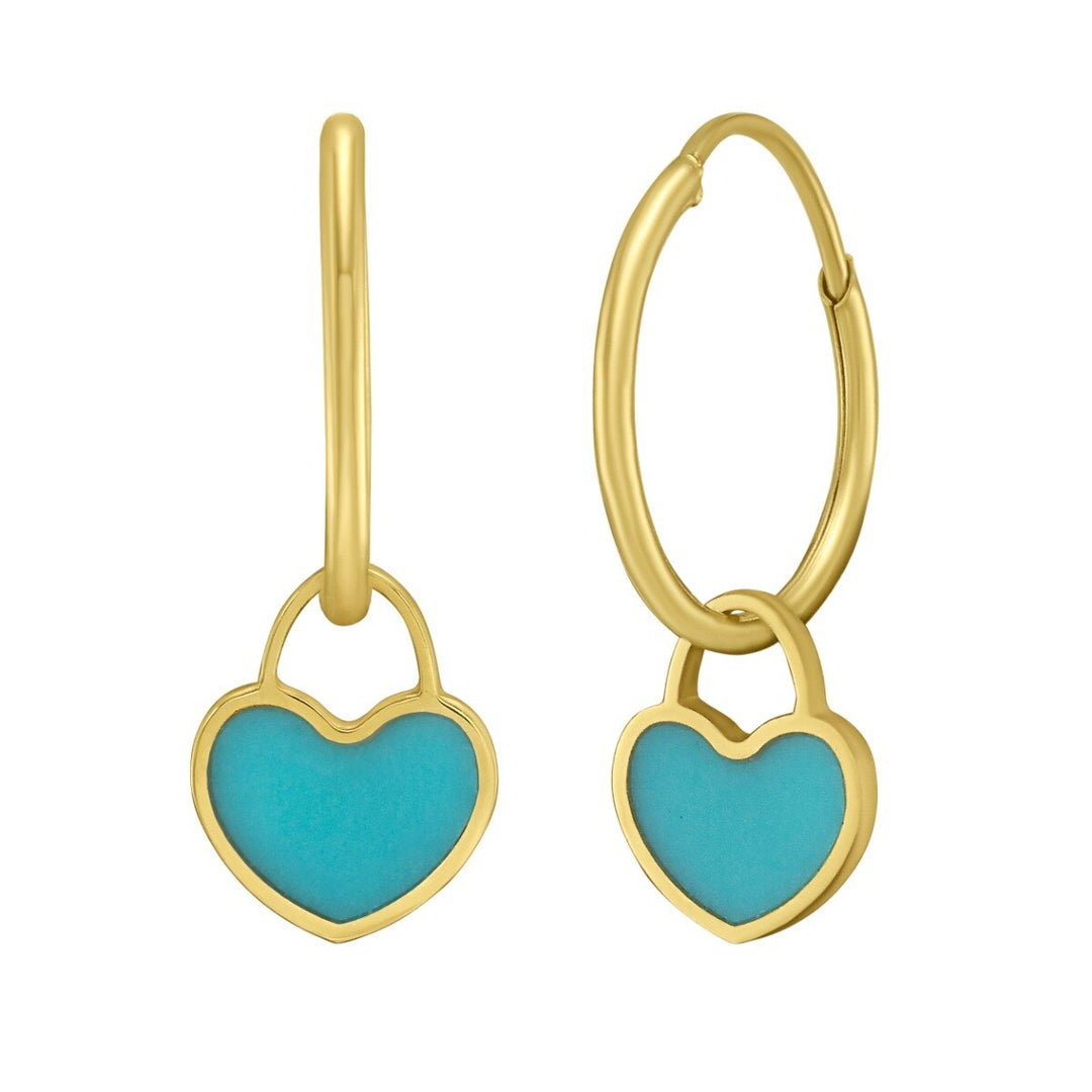 14K Yellow Gold Turquoise Heart Huggies, front view