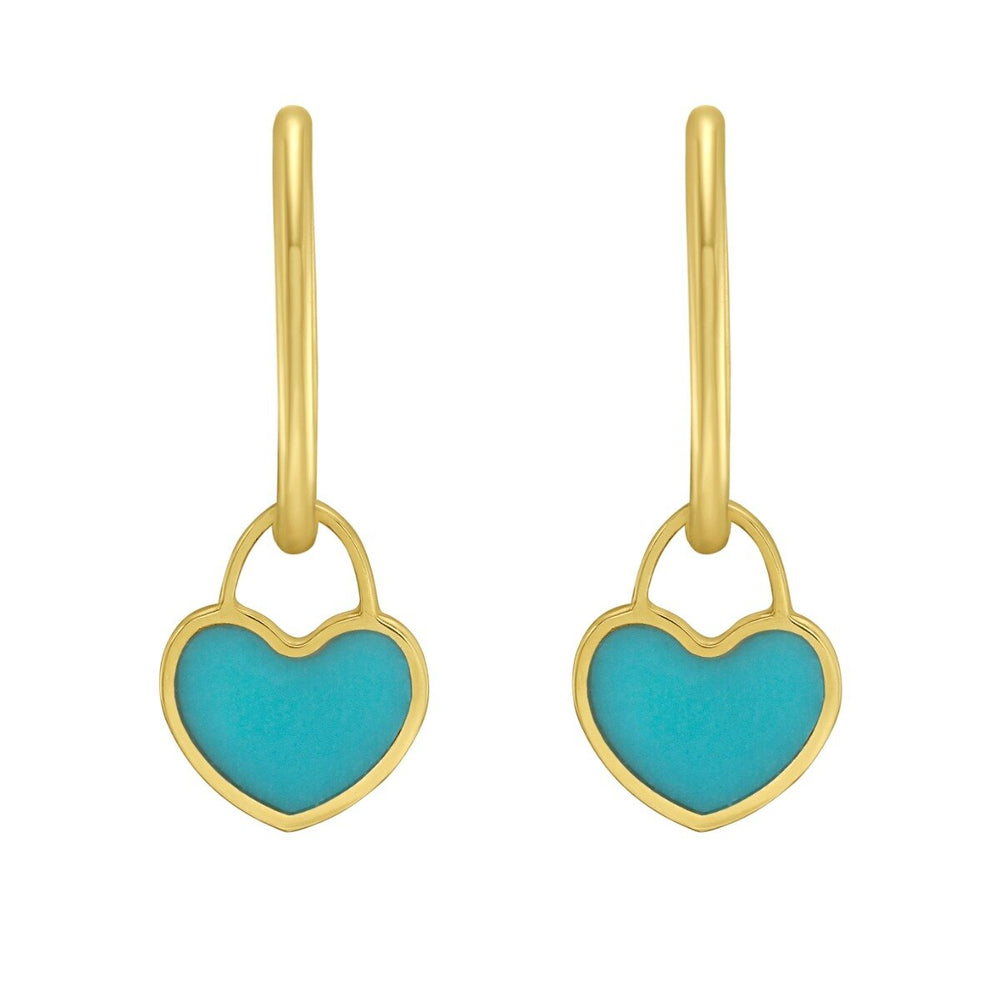 14K Yellow Gold Turquoise Heart Huggies, view 2