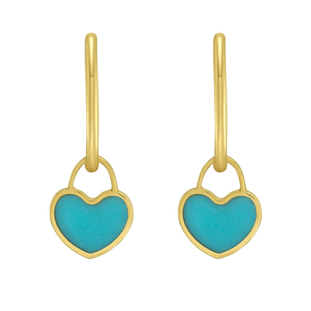 14K Yellow Gold Turquoise Heart Huggies, view 2