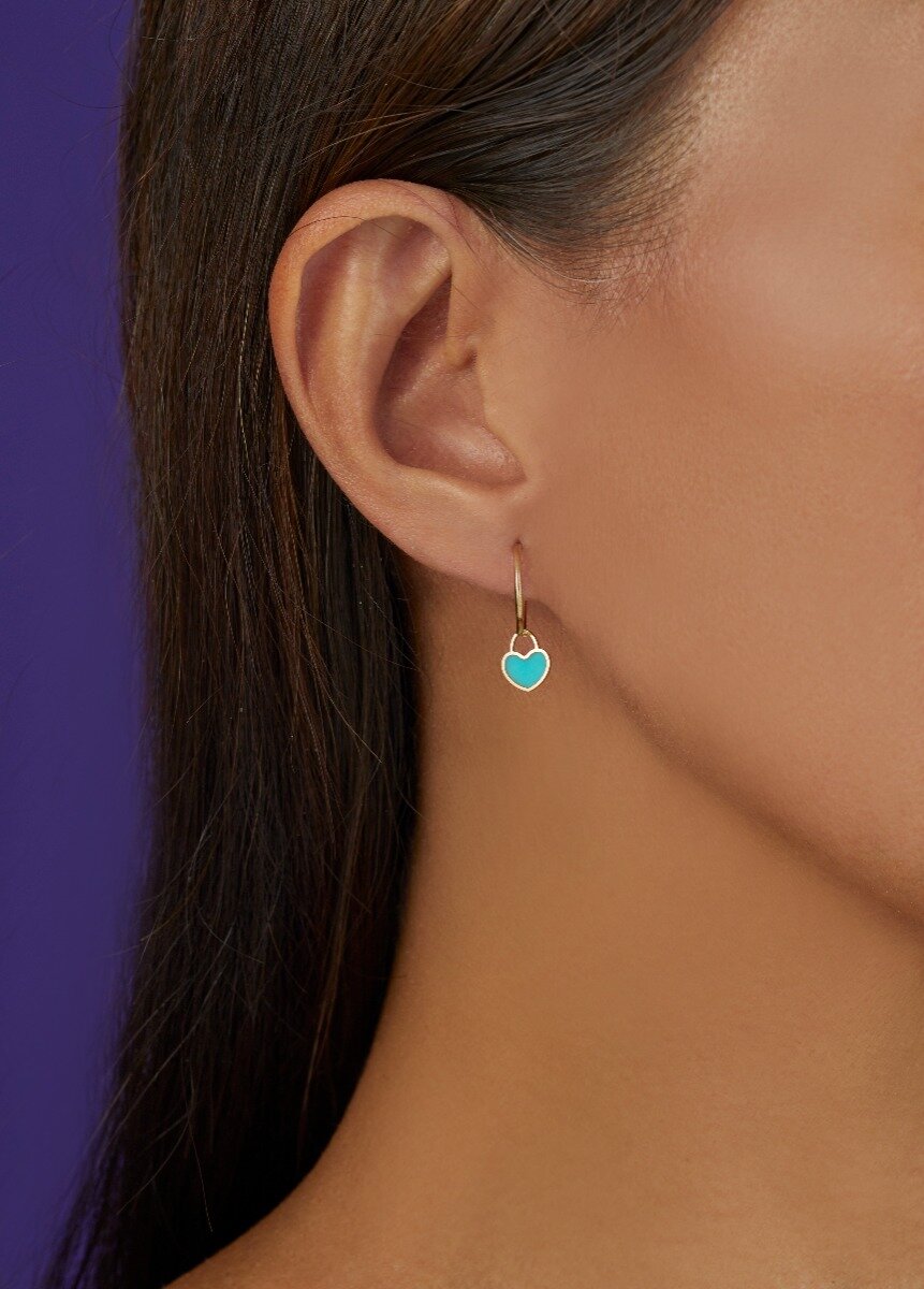 14K Yellow Gold Turquoise Heart Huggies, view 3