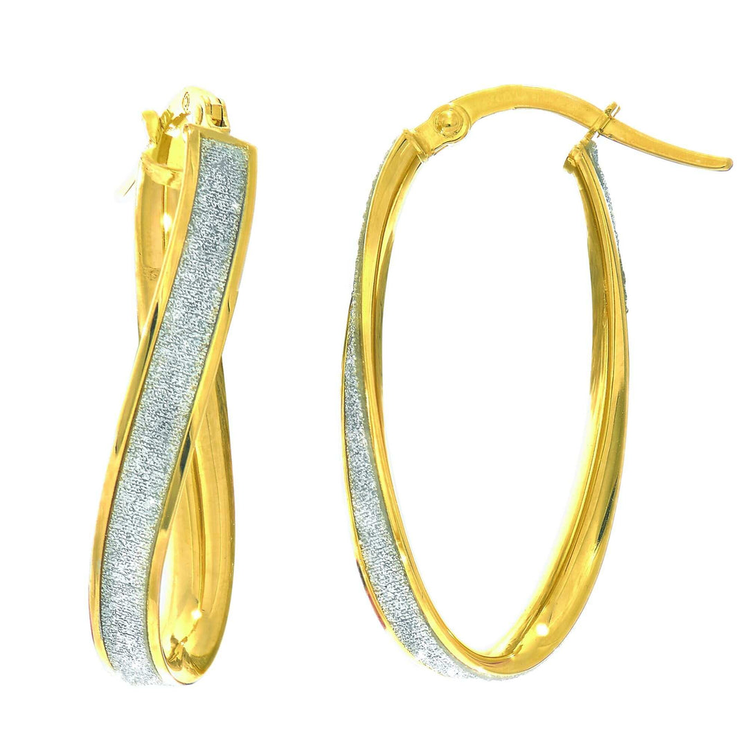 14K Yellow Gold Twisted Oval Glitter Hoop Earring, front view