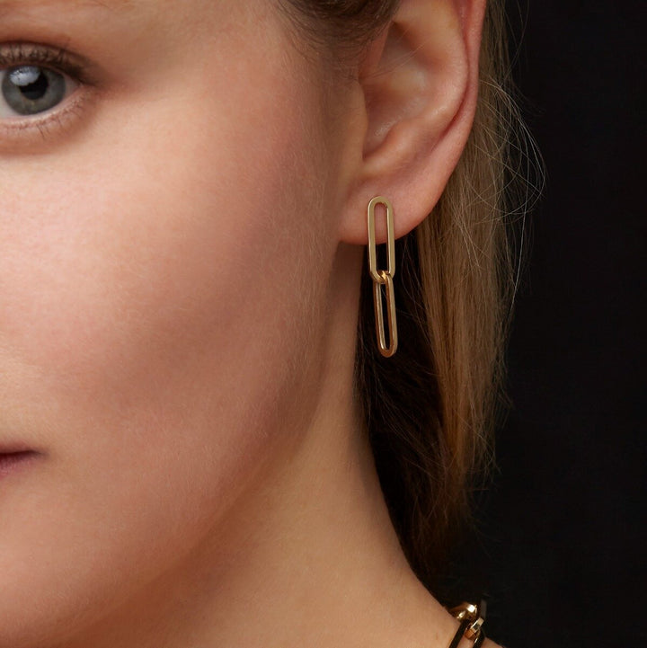 14K Yellow Gold Two Link Paperclip Drop Earrings, view 2