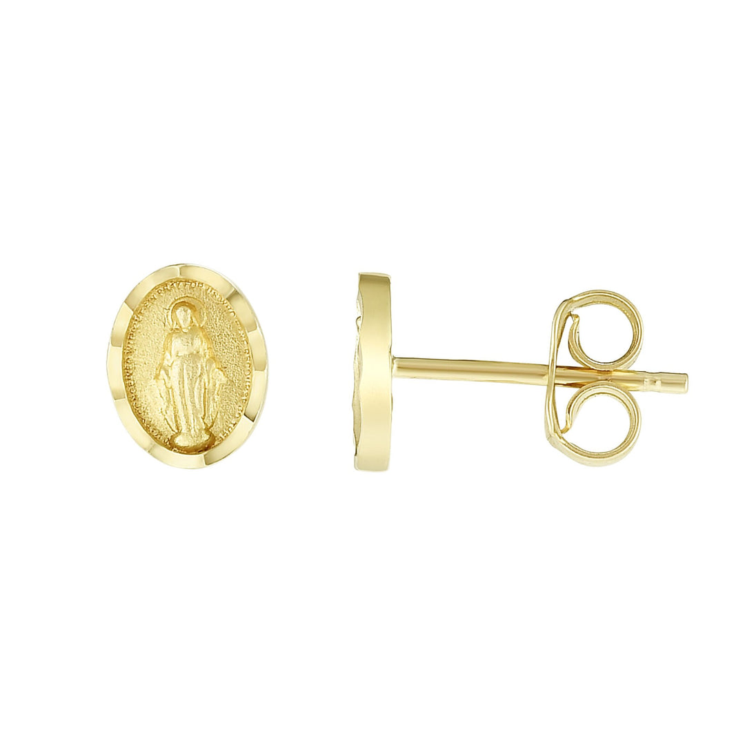 14K Yellow Gold Virgin Mary Stud Earring, front view