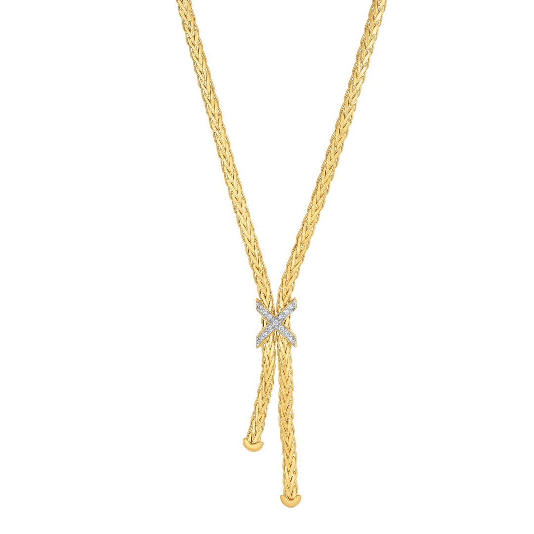 14K Yellow Gold Woven Lariat X Diamond Necklace, front view