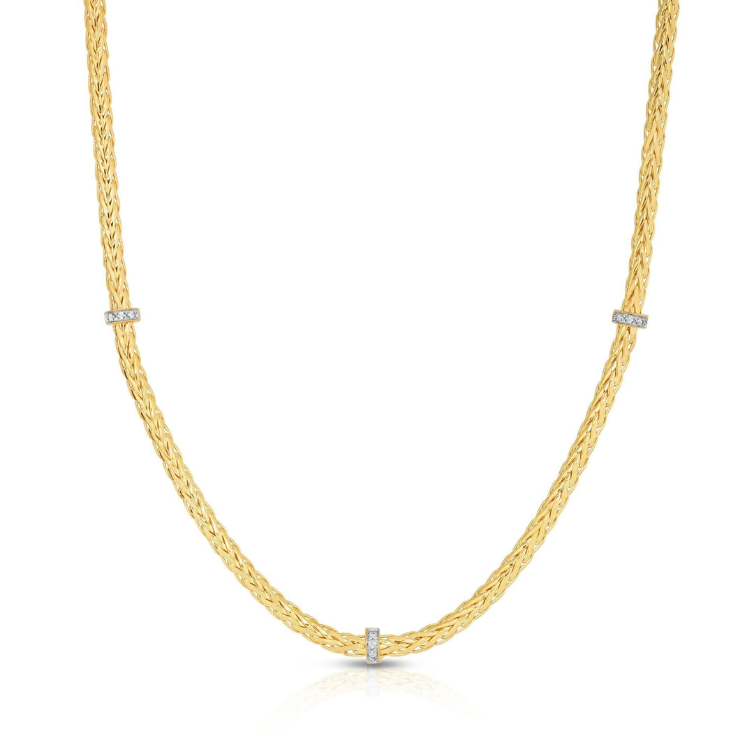 14K Yellow Gold Woven Stationed Diamond Necklace, front view